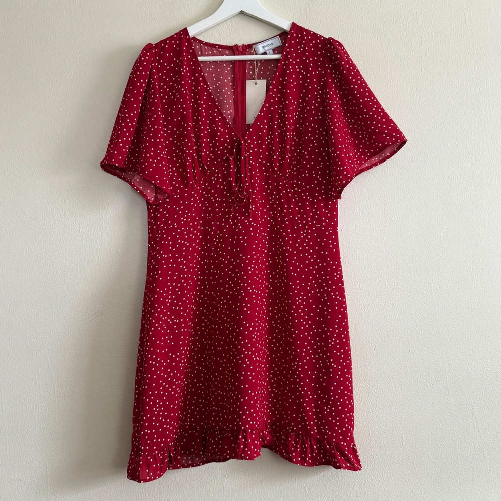 RIHOAS Womens Red Polka Dot V-Neck Ruffle Hem Mini Dress Size L Picnic Coquette